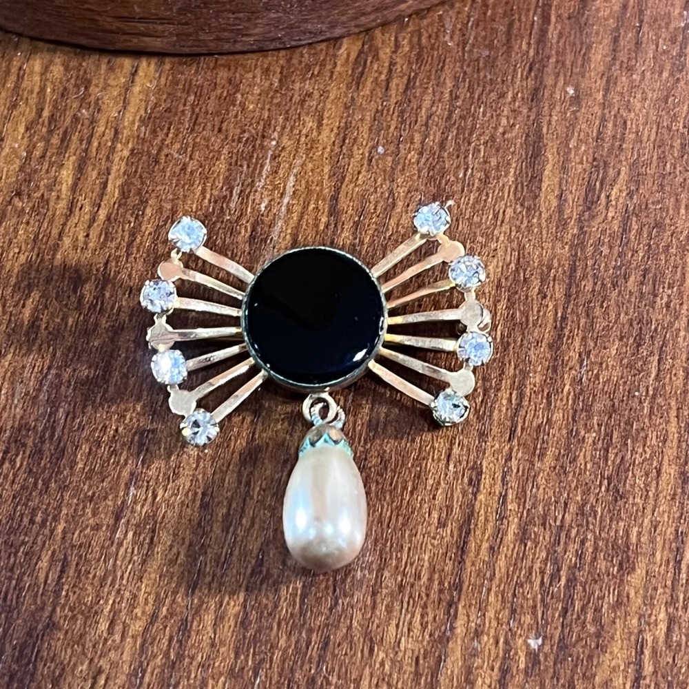 Vtg Van Dell 1/20 12K GF Black Onyx Pearl Rhinestone Brooch Pendant Sunburst